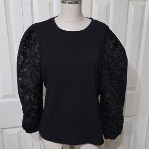 White House Black Market Black Puff Lace-Sleeve Long Sleeve Top